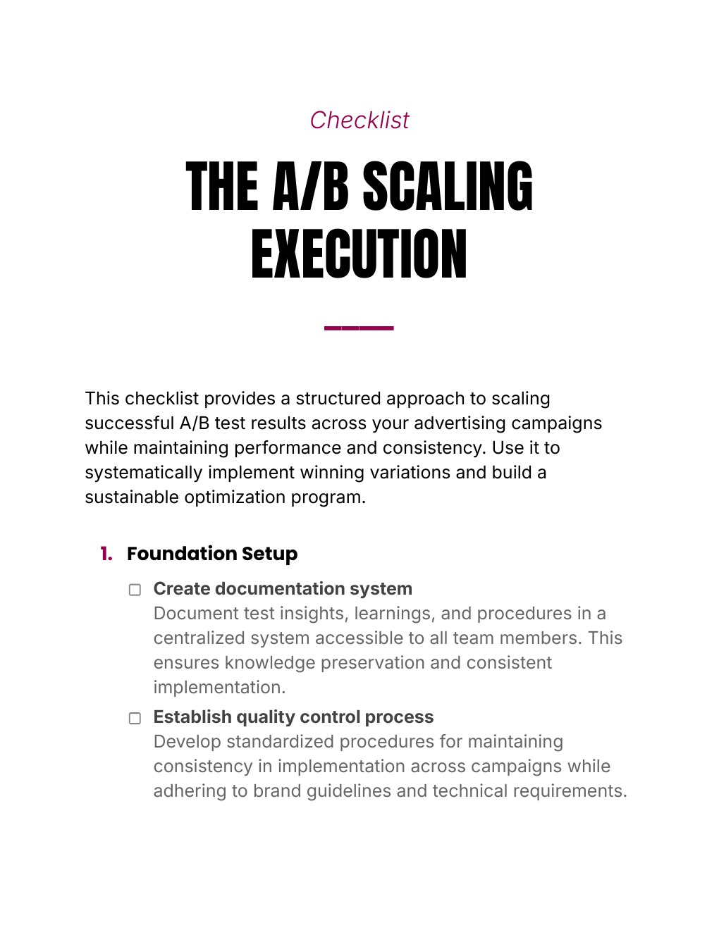 Actual opening page of The A/B Scaling Execution checklist showing the Foundation Setup stage and tickable actions