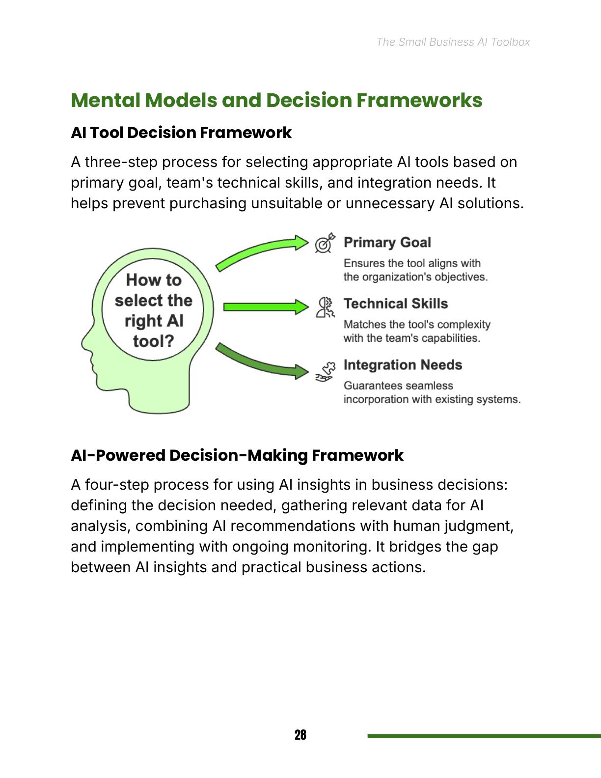 Actual AI tool decision framework page from The Small Business AI Toolbox